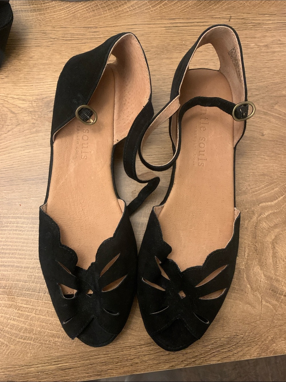 gentle souls Black Suede Scalloped Cutout Mary Jane’s